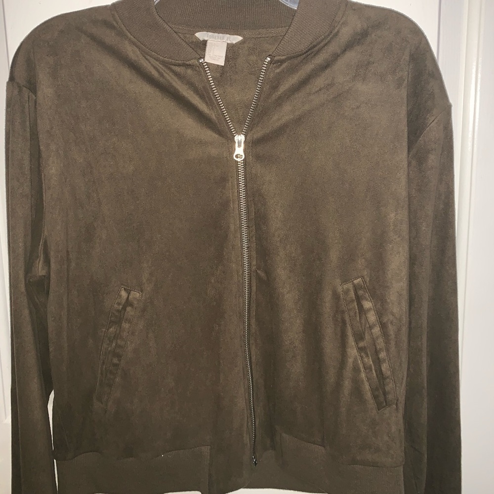 Army green faux suede bomber jacket